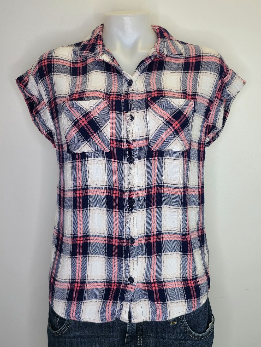 Beachlunchlounge Red White and Blue Plaid Button Front Top 100% Rayon XS